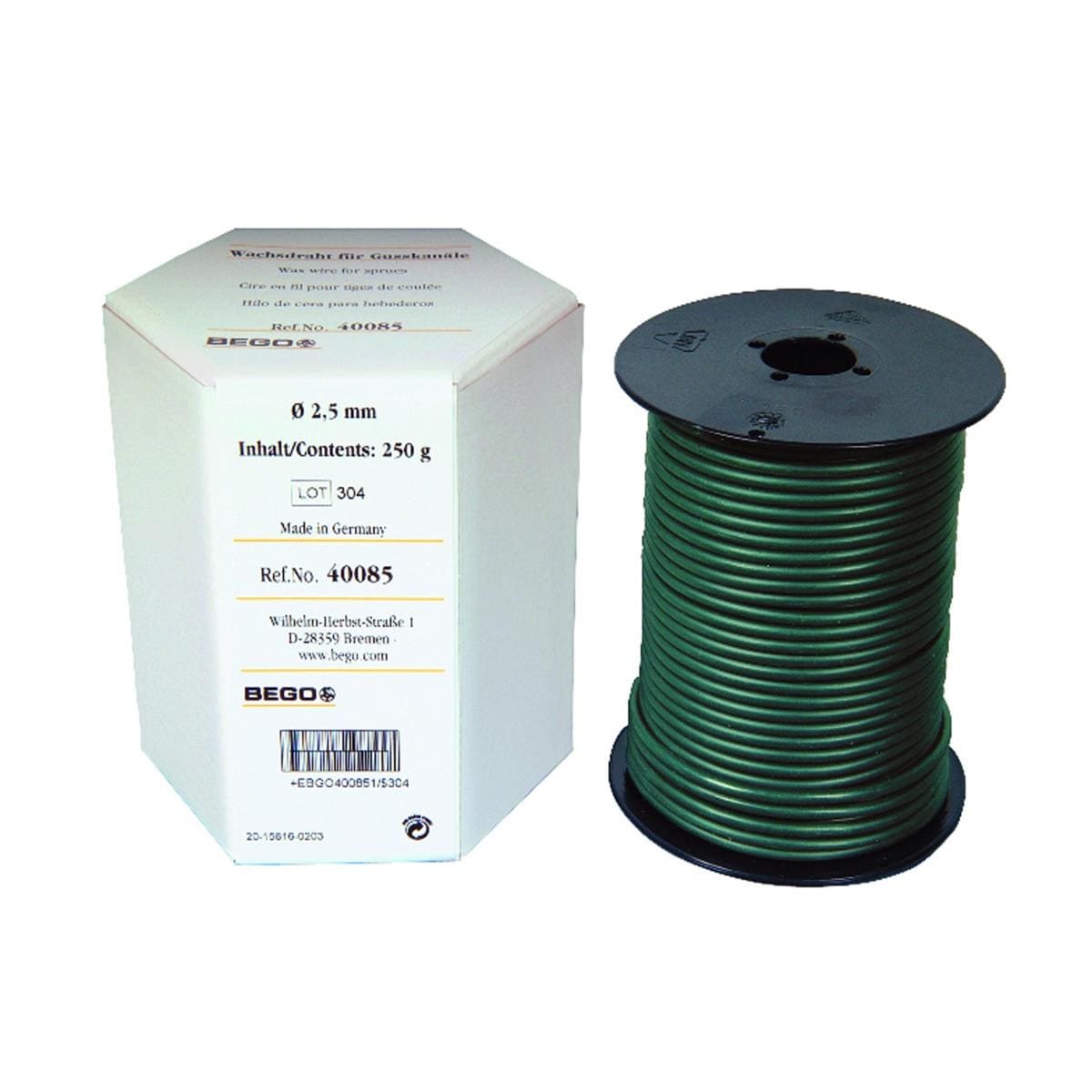 Fils de cire BEGO - Le rouleau de 250 g - Vert - Mi-dur - diam 3 - 36m