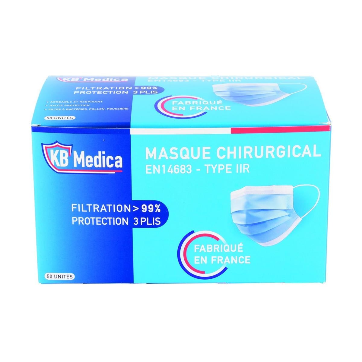 Masque chirurgicaux type IIR - bleu ciel -Boite de 50 - KB MEDICA